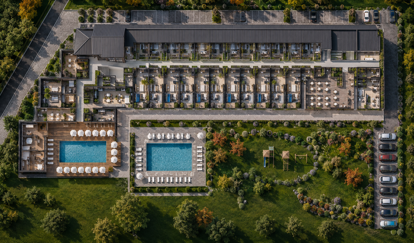 Luftaufnahme von Bansko mit Neubau-Apartmentanlagen vor dem Pirin-Gebirge