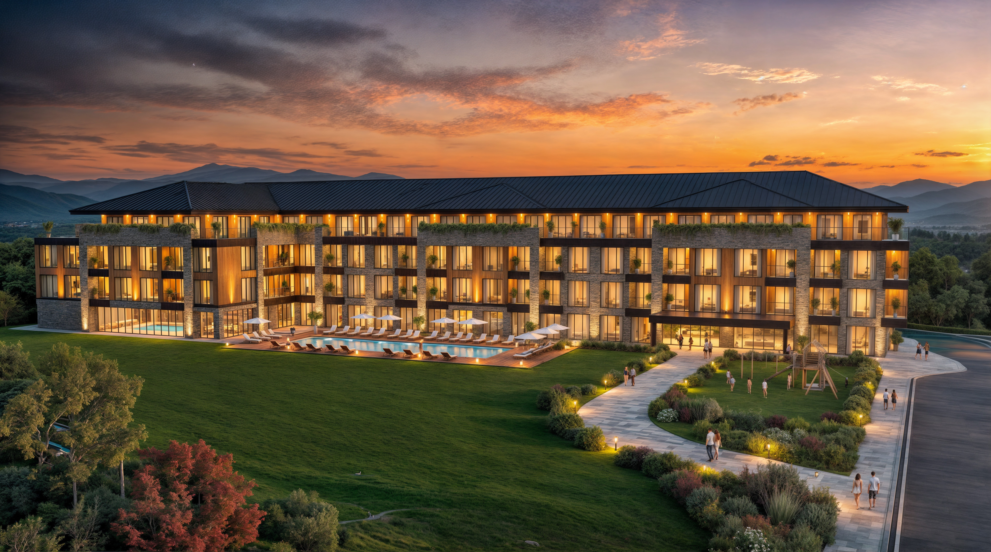 Moderne Apartmentanlage im Abendlicht — Kapitalanlage in Bulgarien